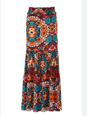 Natori Tiered Maxi Skirt in Teal, Orange, Red and Brown